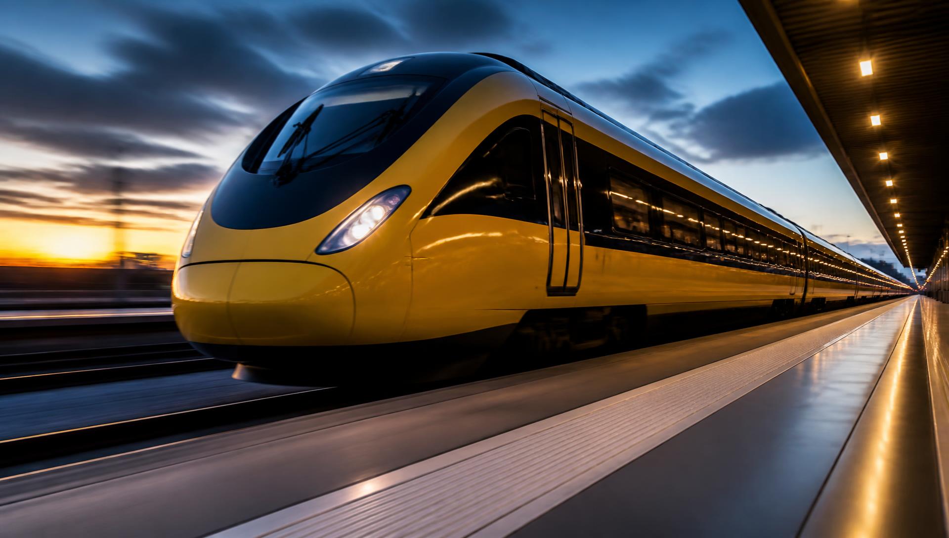 Modern yellow high-speed passenger train arriving at a station platform at dusk